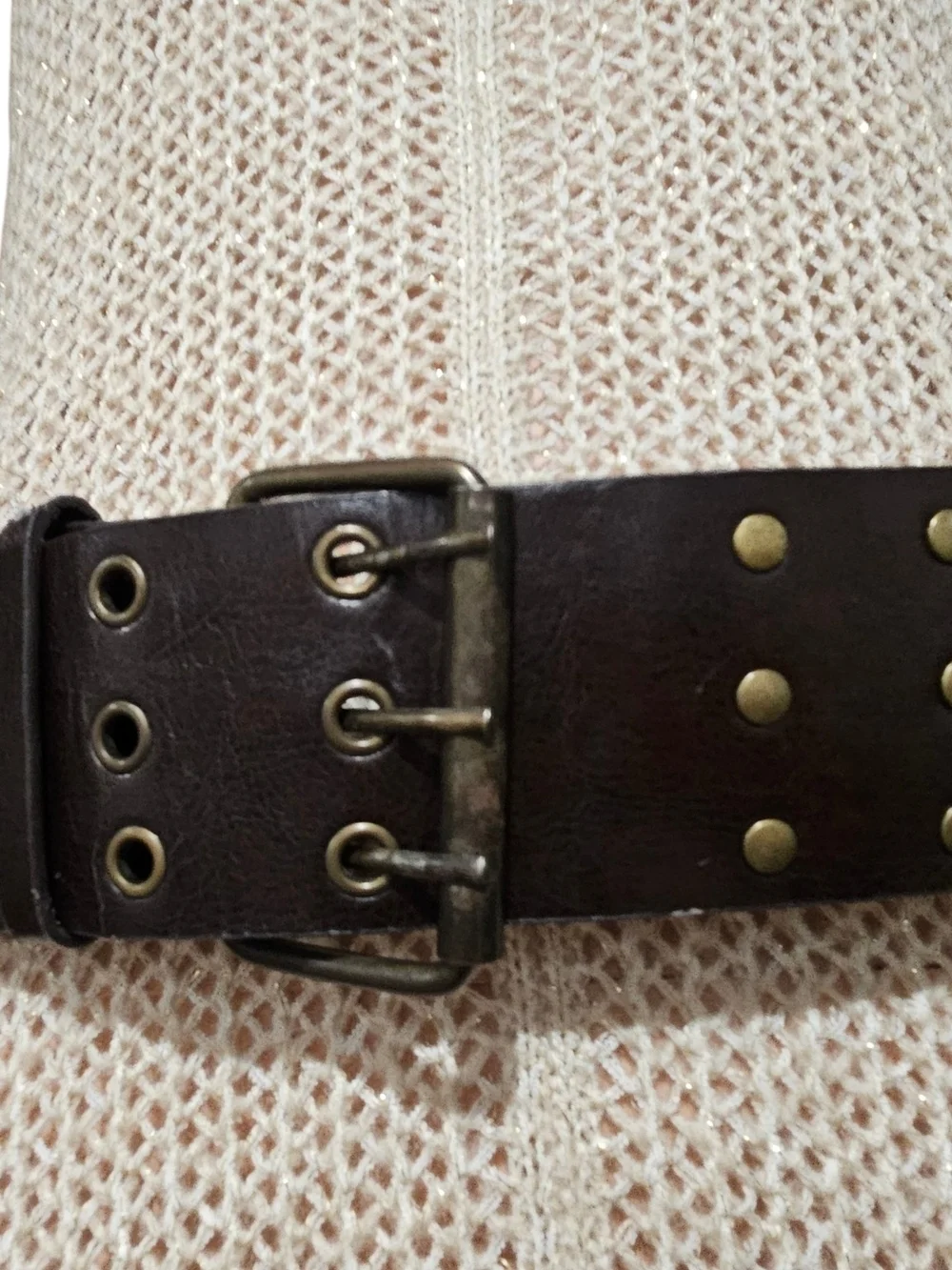 Vintage Wide Brown Leather Grommet Studded Belt Double Prong Waist Belt